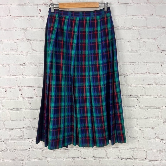 Vintage Christmas skirt plaid pleated green blue red size 12 wool lined cottage - Picture 5 of 8